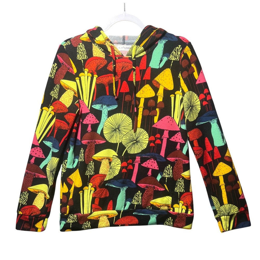 L.A. Soul Mushroom Print Pullover Hoodie Black Multicolor Psychedelic Small